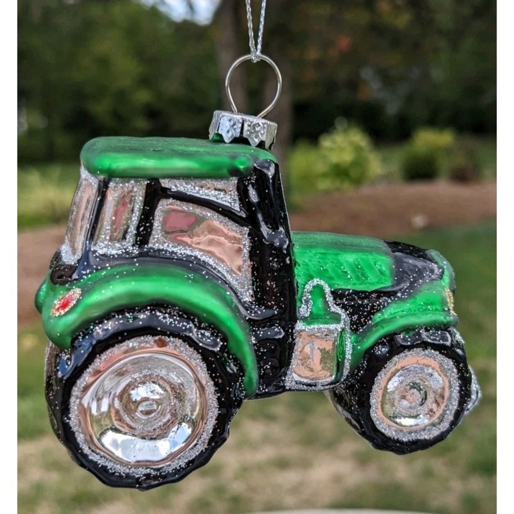 Glass Christmas Ornament Green Tractor Glitter Farm Farmer Gift‎